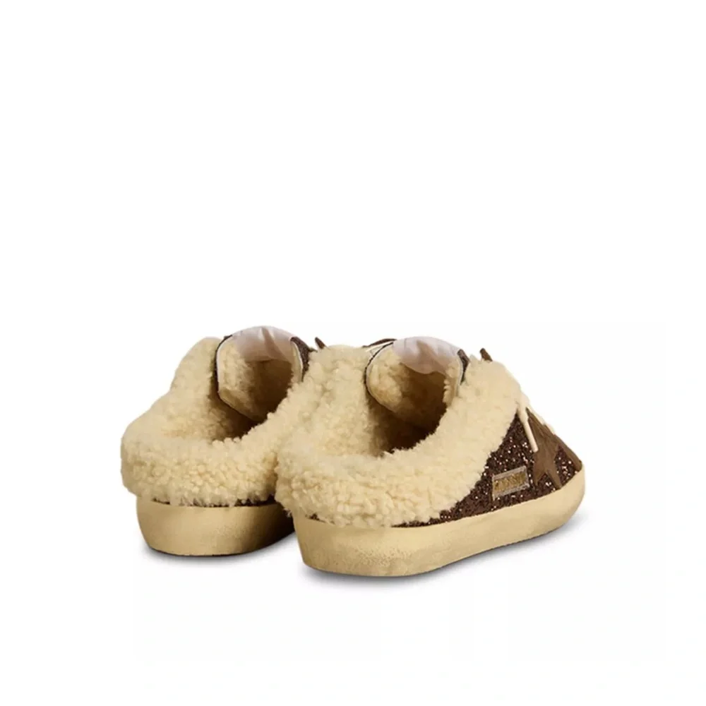 Golden Goose Brown Glitter Shearling-Trim Sneakers - Picture 3 of 5